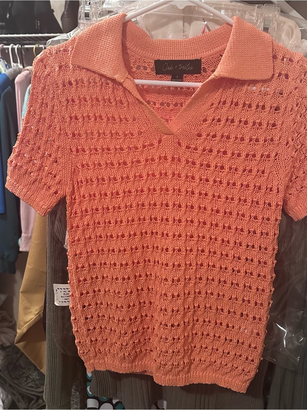 OAK + FORT Coral Orange Crochet Polo Sweater